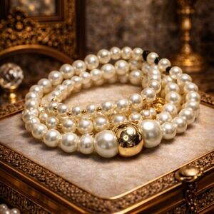 3PC VINTAGE 80S FAUX PEARL GLASS STRETCH BRACELETS GOLD TONE ACCENTS